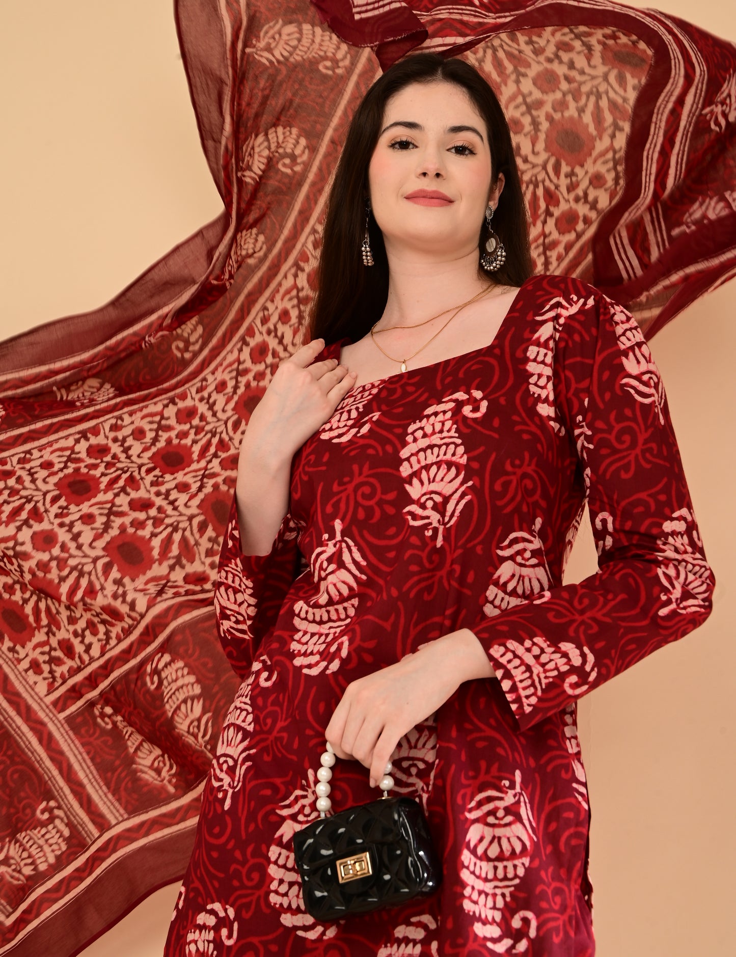 Aaradhya Wine Handblock Suit Set