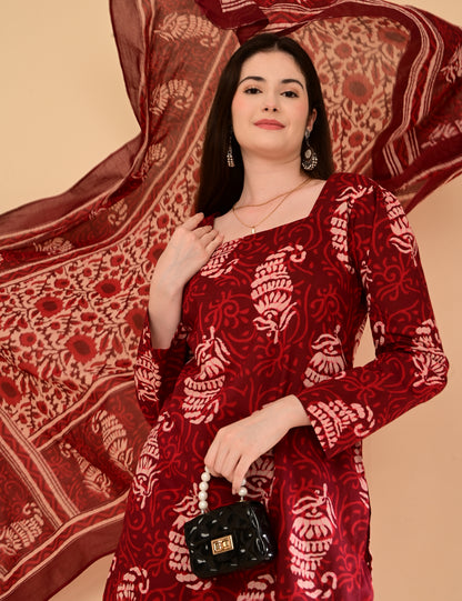 Aaradhya Wine Handblock Suit Set