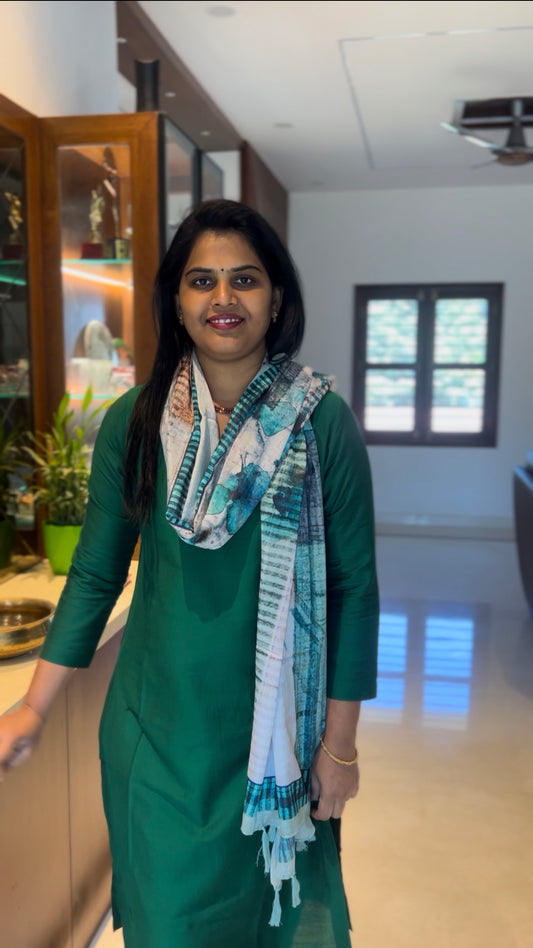 Bottle green Silk cotton set with Maslin Dupatta