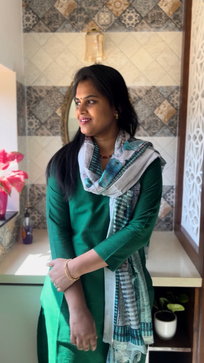 Bottle green Silk cotton set with Maslin Dupatta