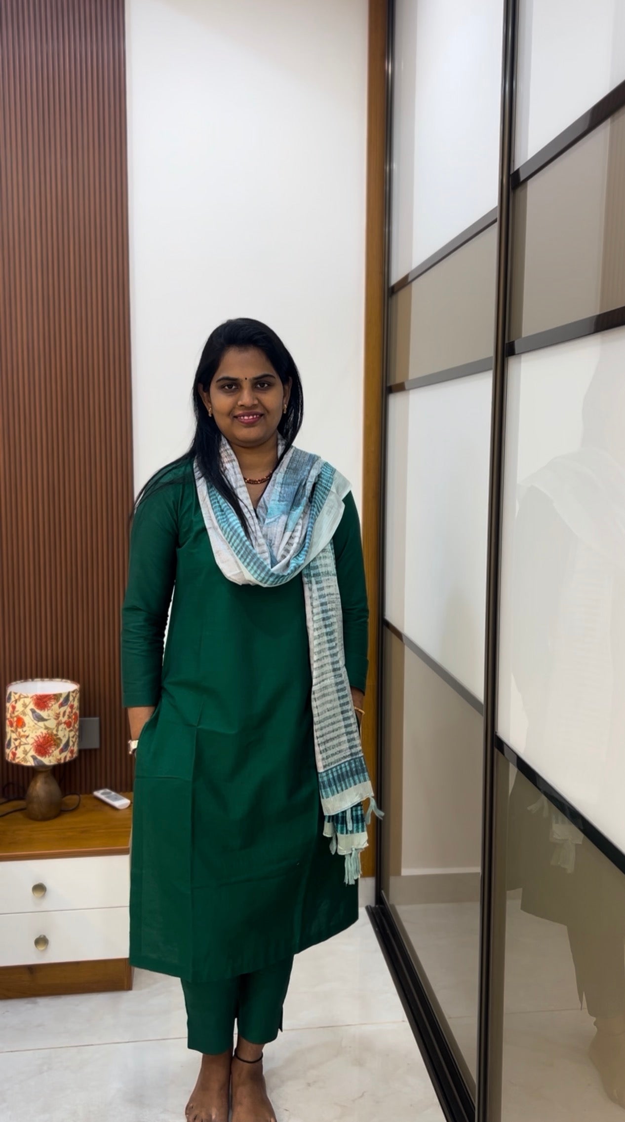 Bottle green Silk cotton set with Maslin Dupatta