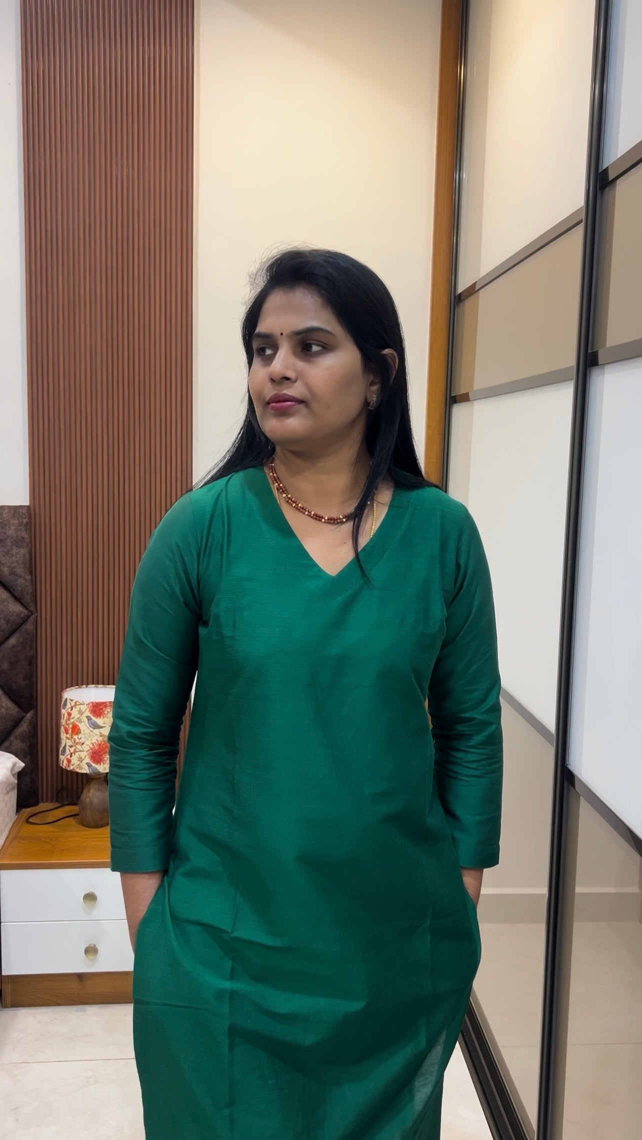 Bottle green Silk cotton set with Maslin Dupatta