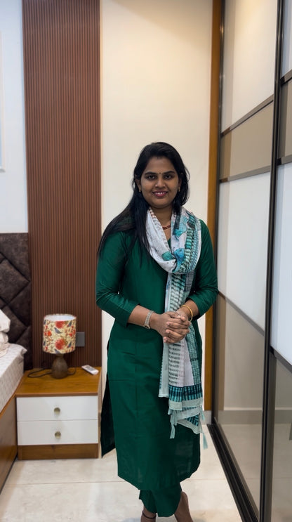 Bottle green Silk cotton set with Maslin Dupatta
