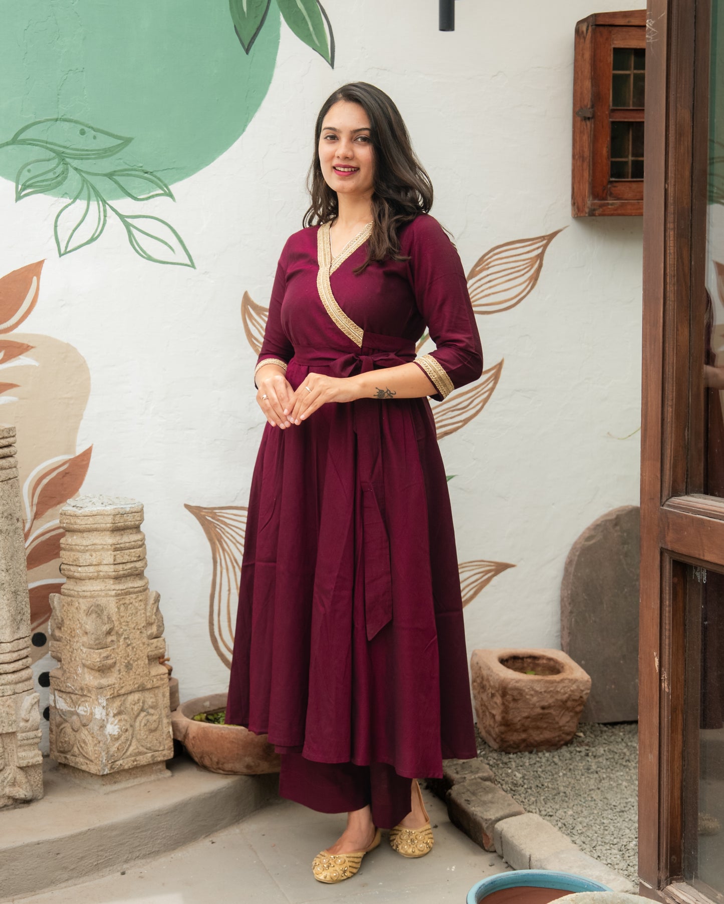 Silk cotton wrap Anarkali coord set wine color