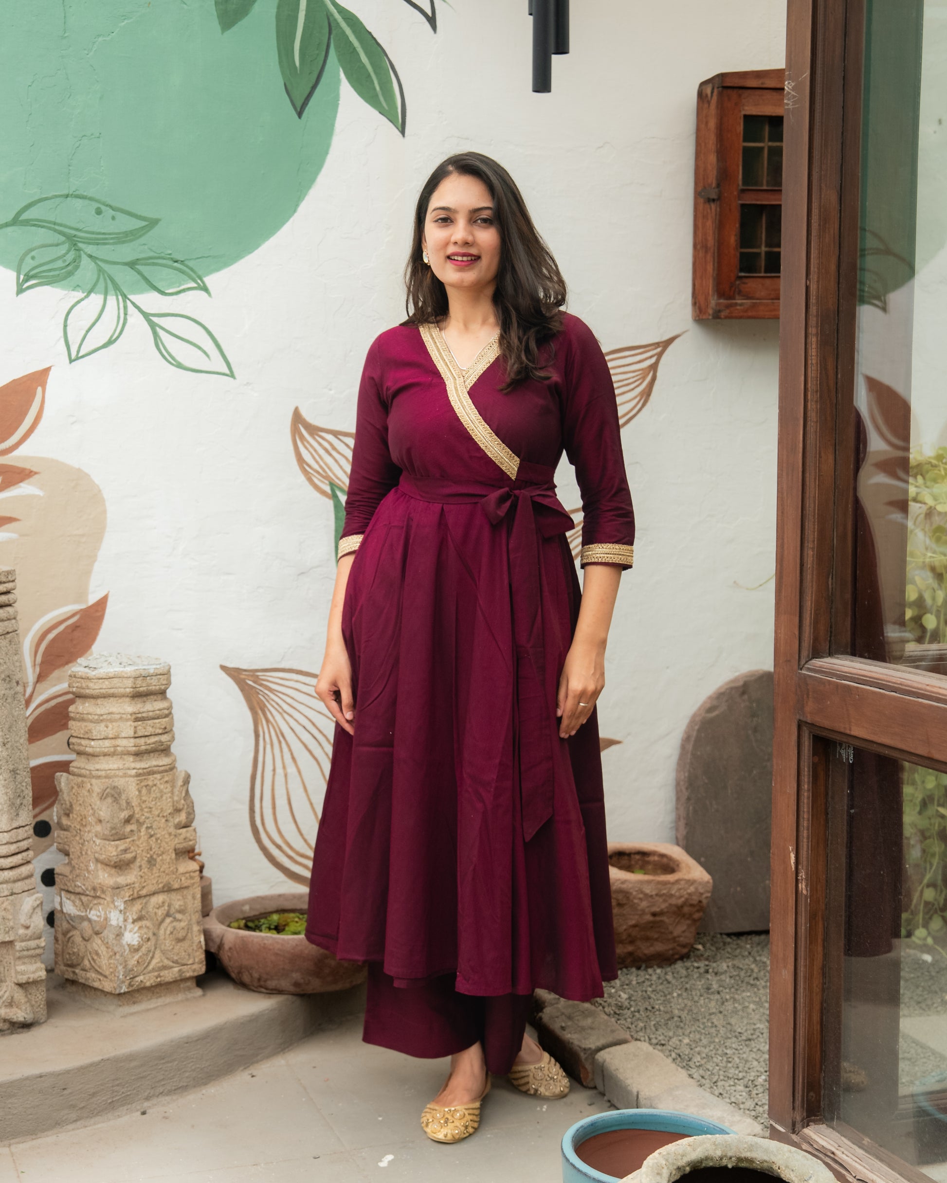 Wine silk cotton Anarkali set front view