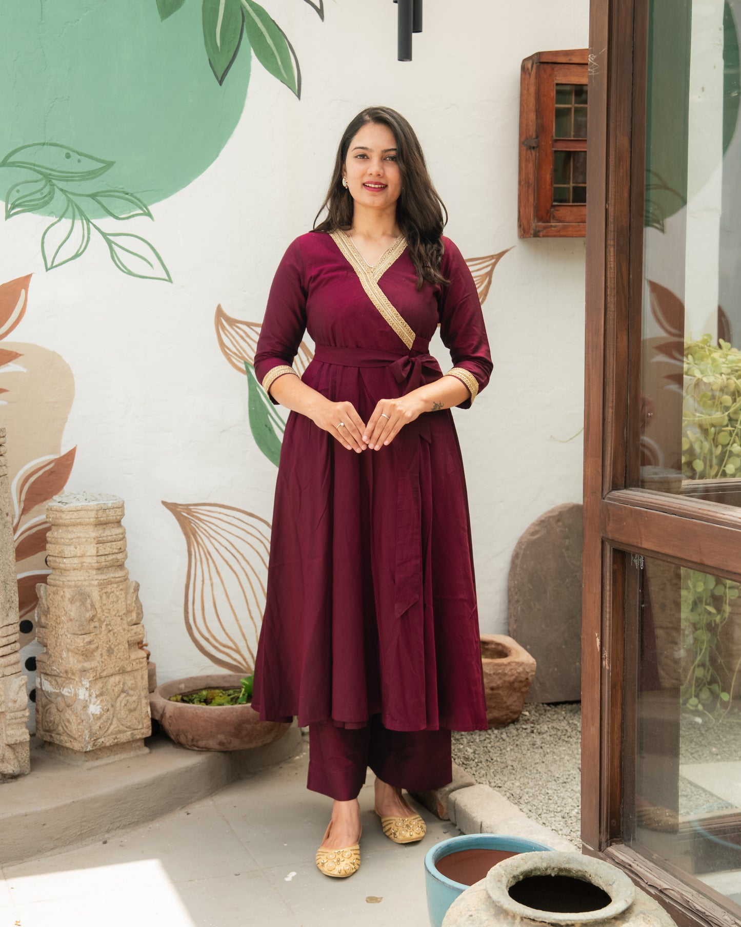 Jabili – Silk Cotton Wrap Anarkali Coord Set with Pants – Wine