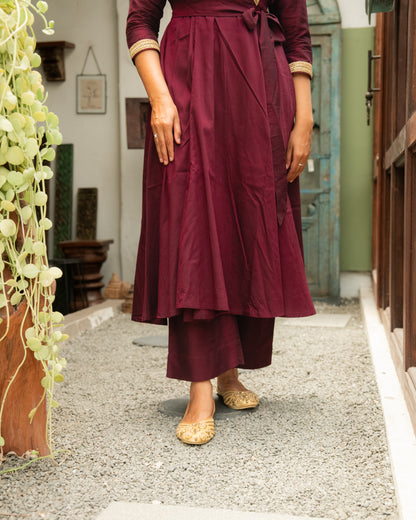 Jabili – Silk Cotton Wrap Anarkali Coord Set with Pants – Wine