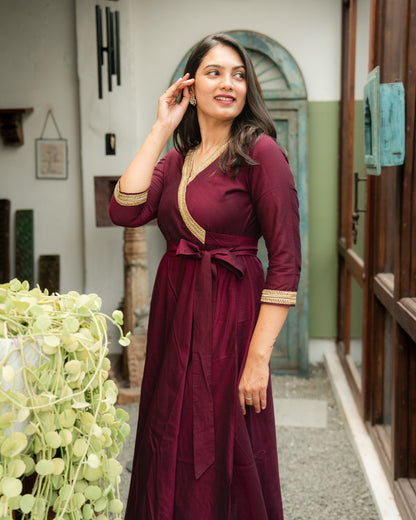 Jabili – Silk Cotton Wrap Anarkali Coord Set with Pants – Wine