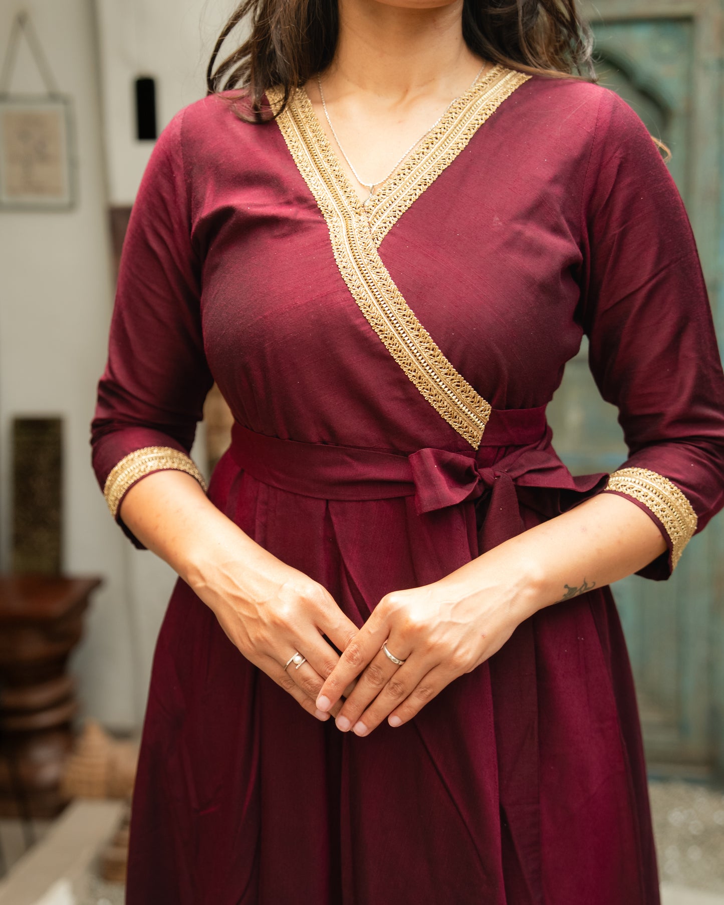 Jabili – Silk Cotton Wrap Anarkali Coord Set with Pants – Wine