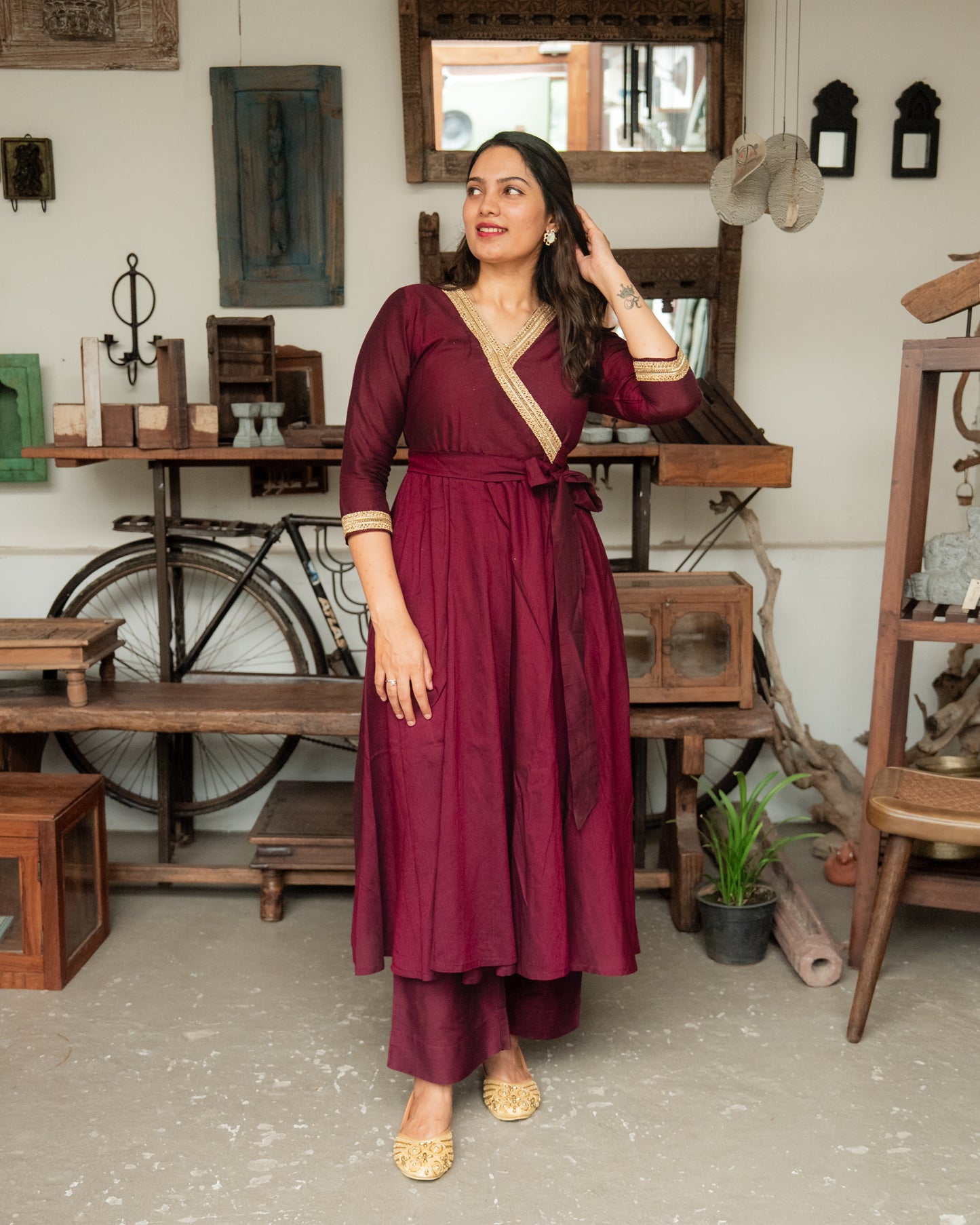 Jabili – Silk Cotton Wrap Anarkali Coord Set with Pants – Wine