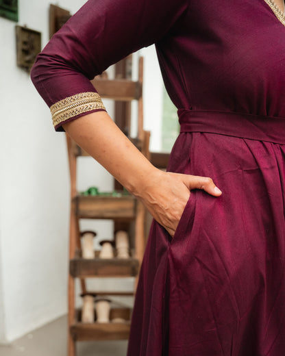 Jabili – Silk Cotton Wrap Anarkali Coord Set with Pants – Wine