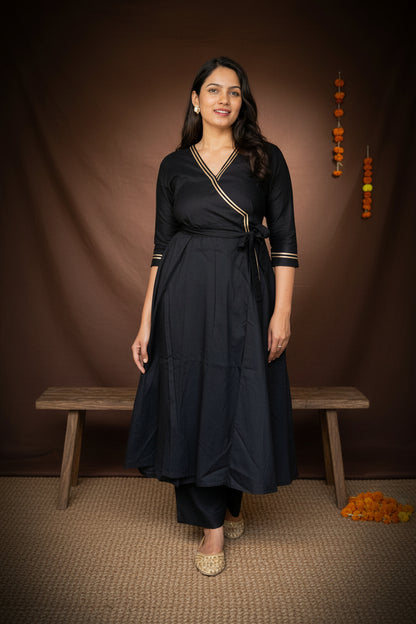 Hitha – Silk Cotton Wrap Anarkali Coord Set with Pants – Black