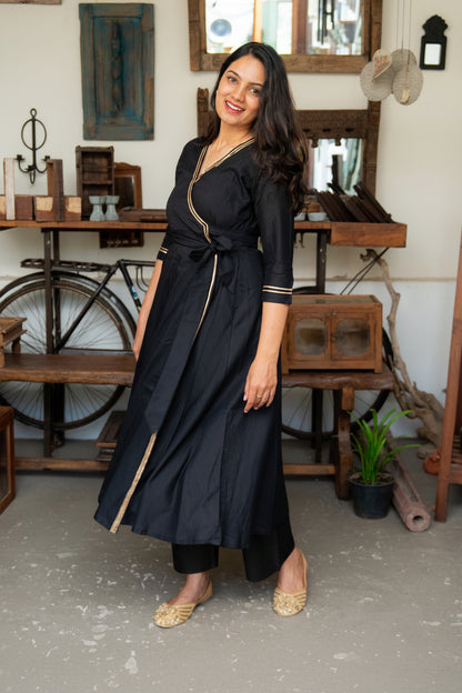Hitha – Silk Cotton Wrap Anarkali Coord Set with Pants – Black