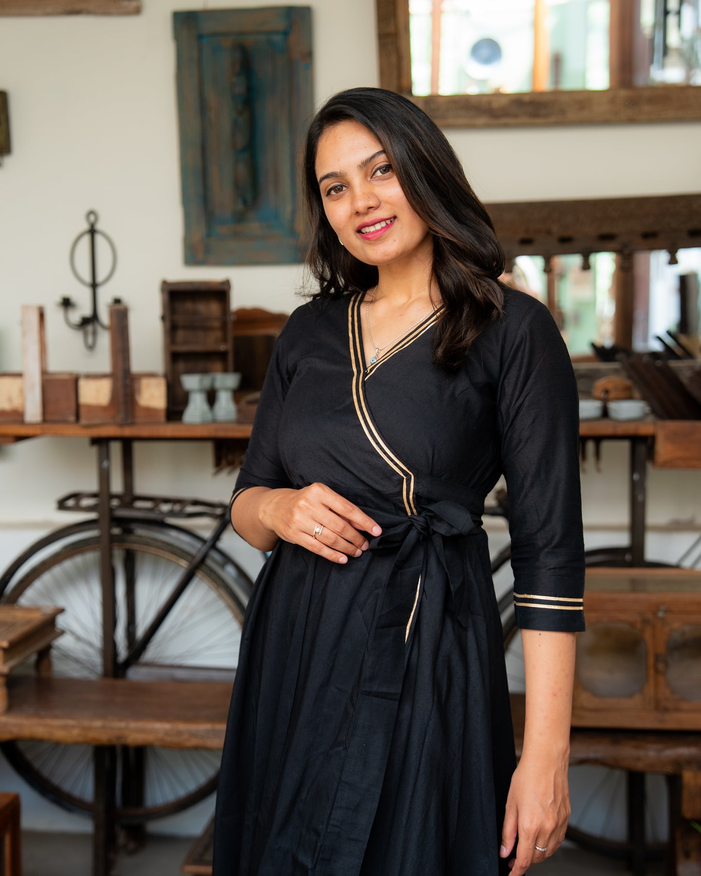 Hitha – Silk Cotton Wrap Anarkali Coord Set with Pants – Black
