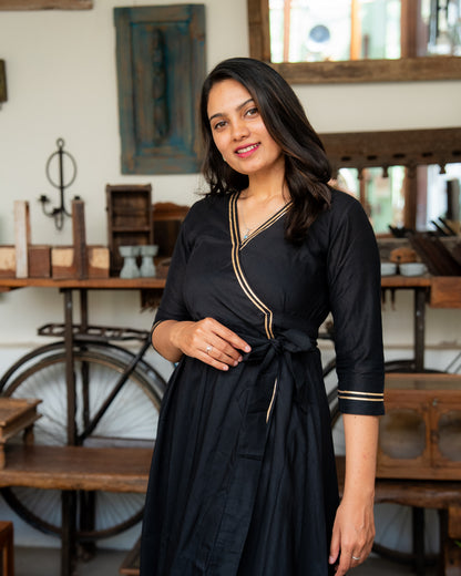 Hitha – Silk Cotton Wrap Anarkali Coord Set with Pants – Black