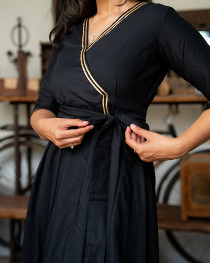 Hitha – Silk Cotton Wrap Anarkali Coord Set with Pants – Black