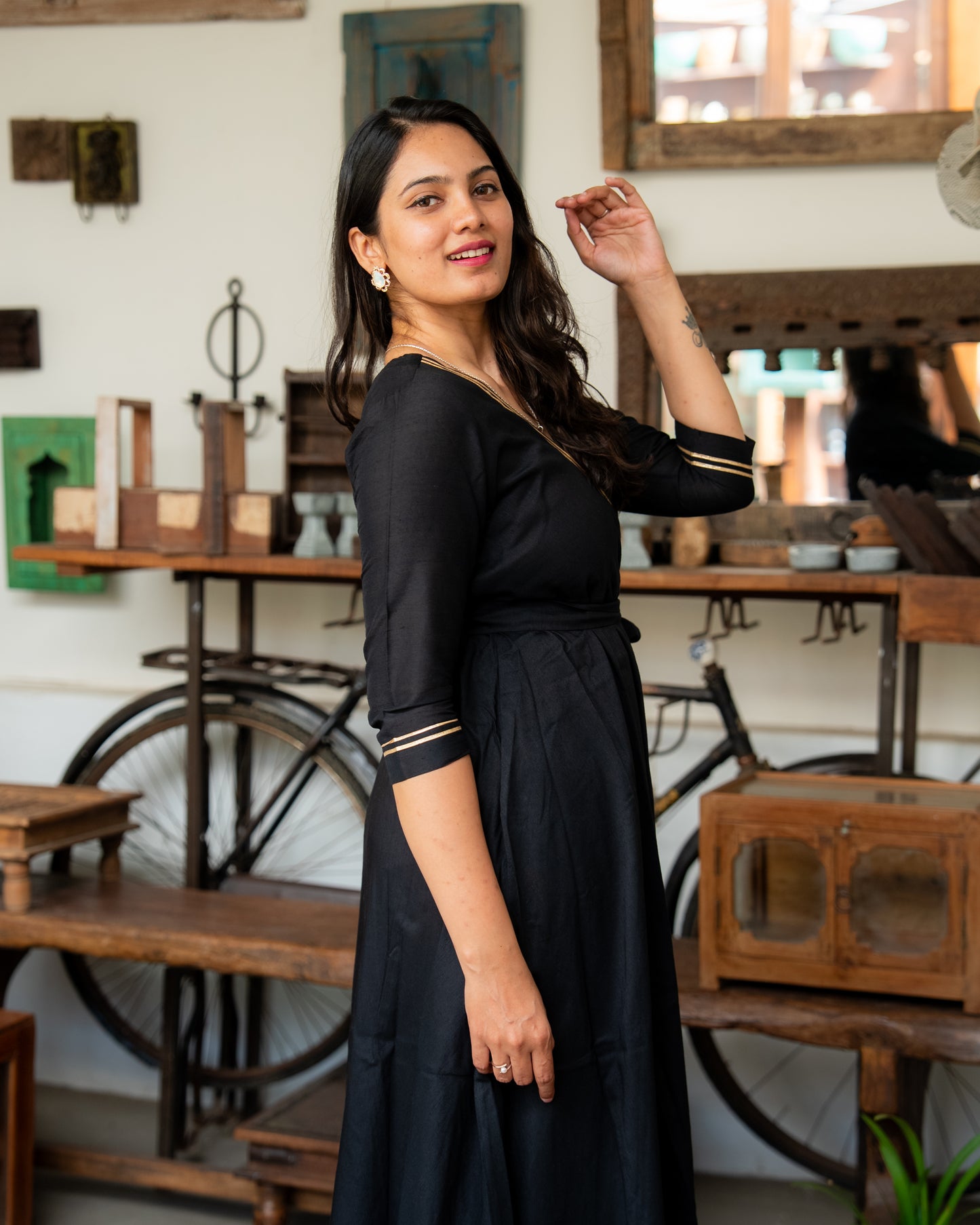 Hitha – Silk Cotton Wrap Anarkali Coord Set with Pants – Black