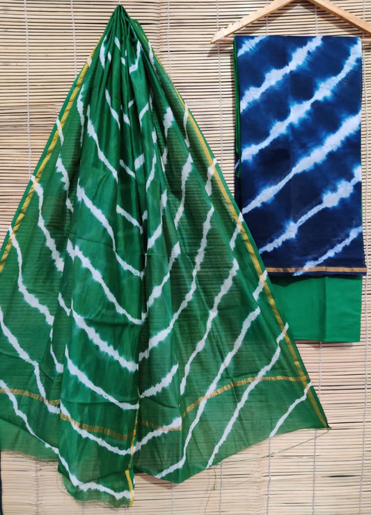 Unstitched Chanderi Block Printed suits - Blue & Green