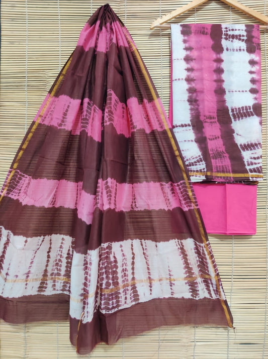 Unstitched Chanderi Block Printed suits - Baby Pink & Brown