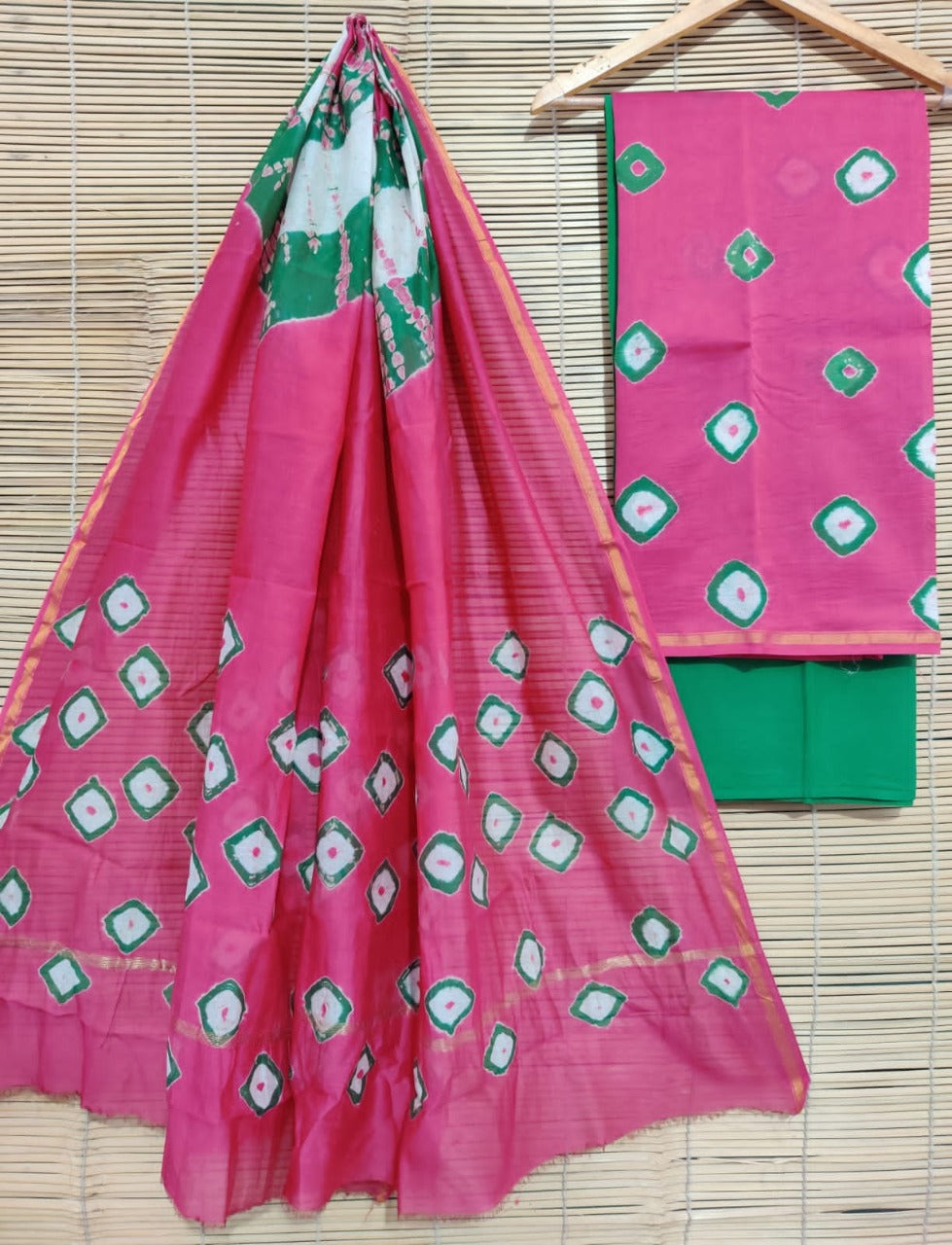 Unstitched Chanderi Block Printed suits - Pink & Green