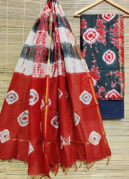 Unstitched Chanderi Block Printed suits - Grey & Red