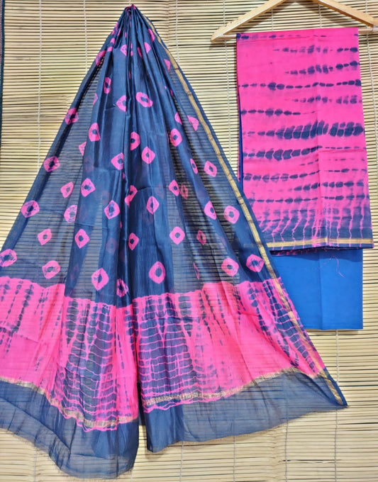 Unstitched Chanderi Block Printed suits - Pink & Blue