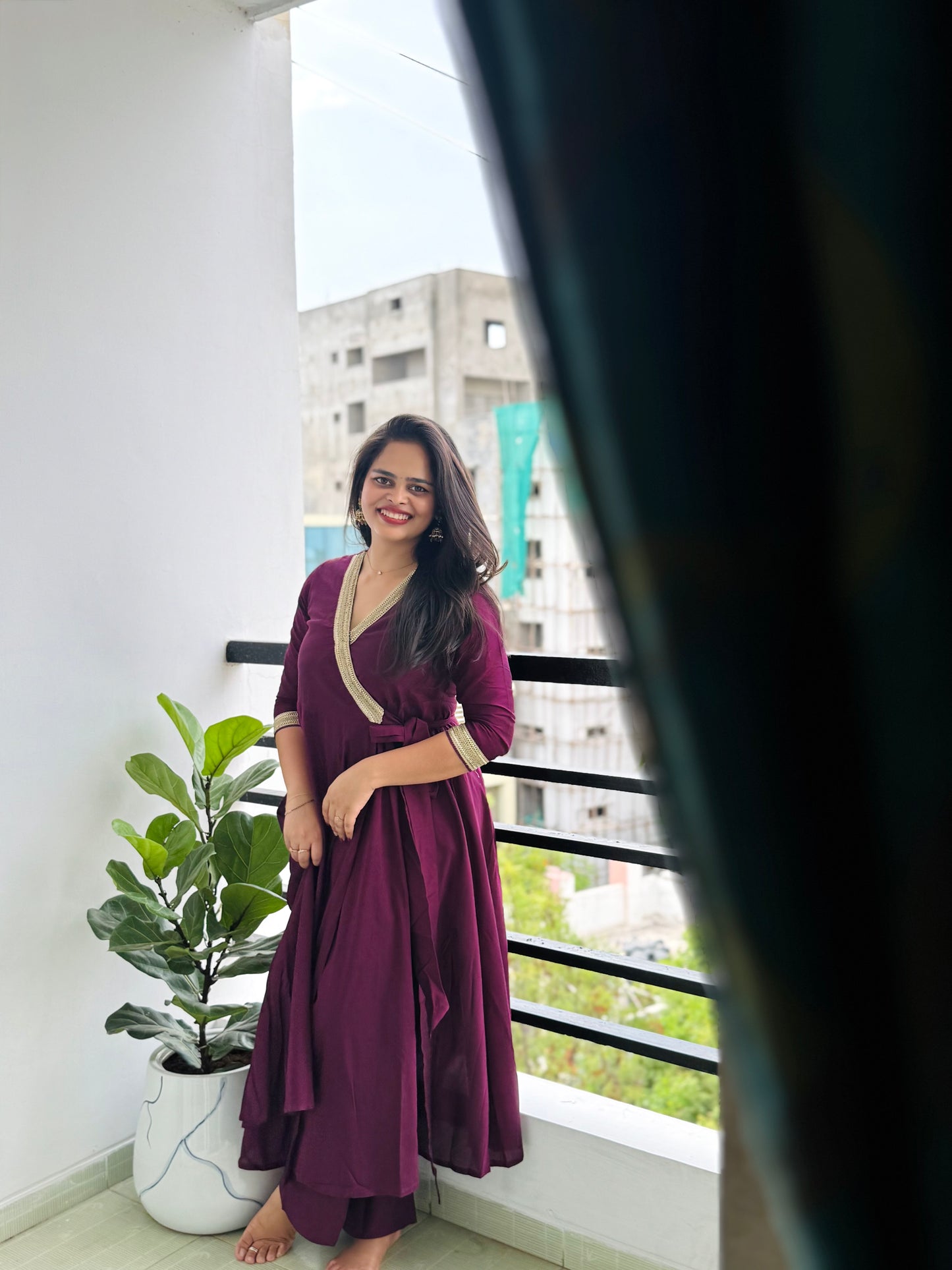 Jabili – Silk Cotton Wrap Anarkali Coord Set with Pants – Wine