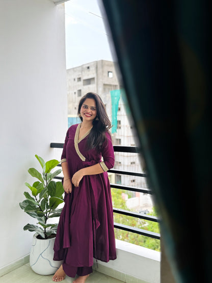 Jabili – Silk Cotton Wrap Anarkali Coord Set with Pants – Wine