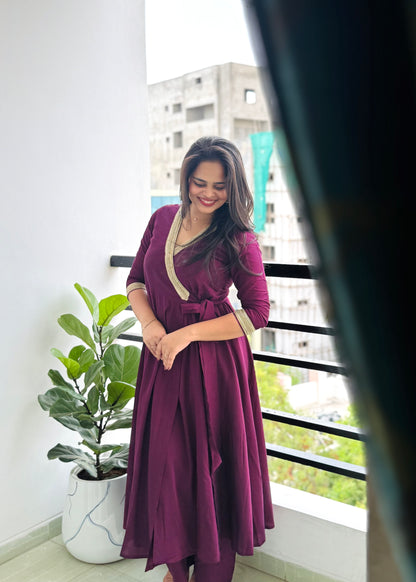 Jabili – Silk Cotton Wrap Anarkali Coord Set with Pants – Wine