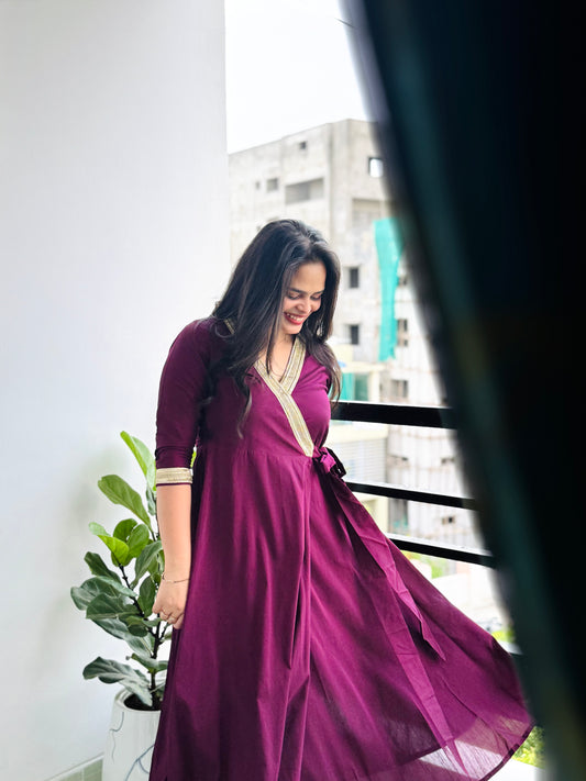 Jabili – Silk Cotton Wrap Anarkali Coord Set with Pants – Wine