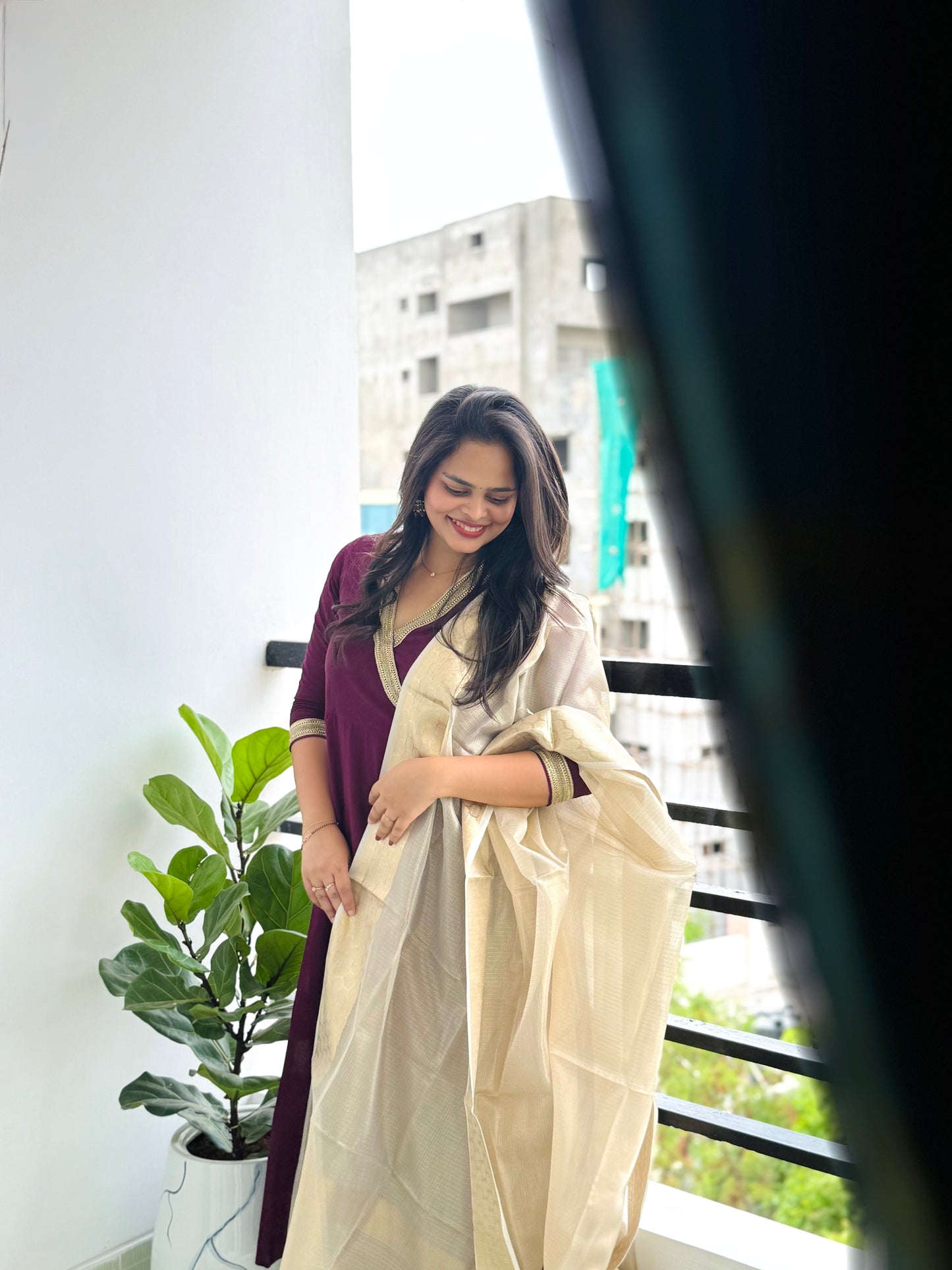 Jabili – Silk Cotton Wrap Anarkali Coord Set with Pants – Wine