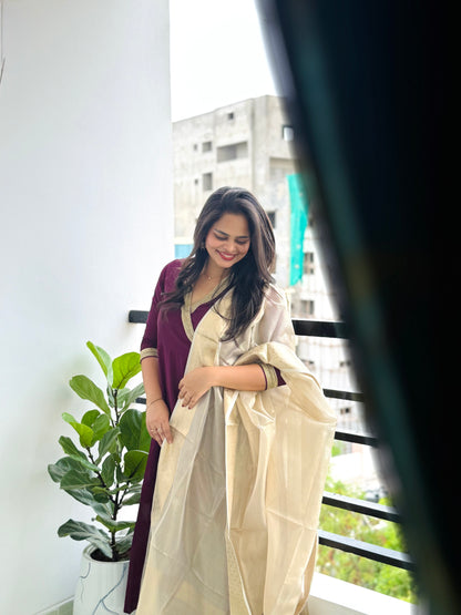Jabili – Silk Cotton Wrap Anarkali Coord Set with Pants – Wine