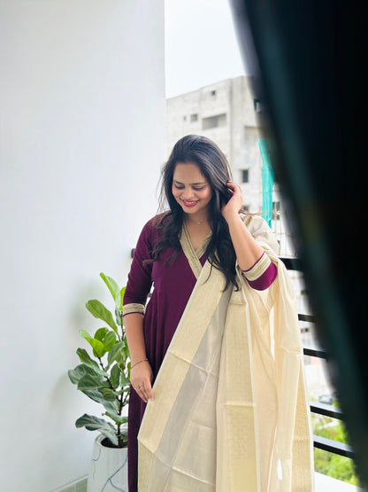 Jabili – Silk Cotton Wrap Anarkali Coord Set with Pants – Wine