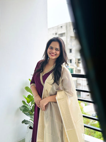 Jabili – Silk Cotton Wrap Anarkali Coord Set with Pants – Wine