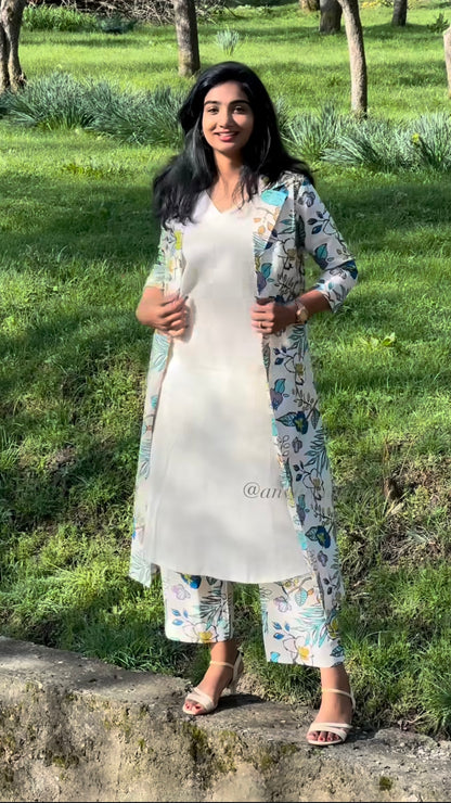 Lathika - Premium Floral Cotton Long jacket kurta set - Beige