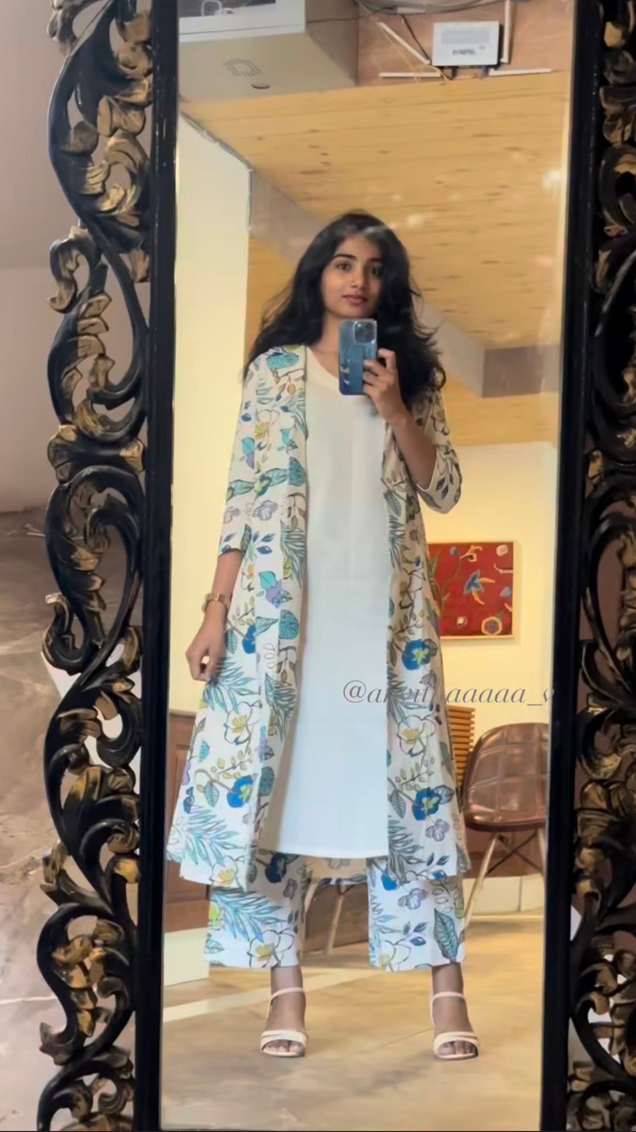 Lathika - Premium Floral Cotton Long jacket kurta set - Beige