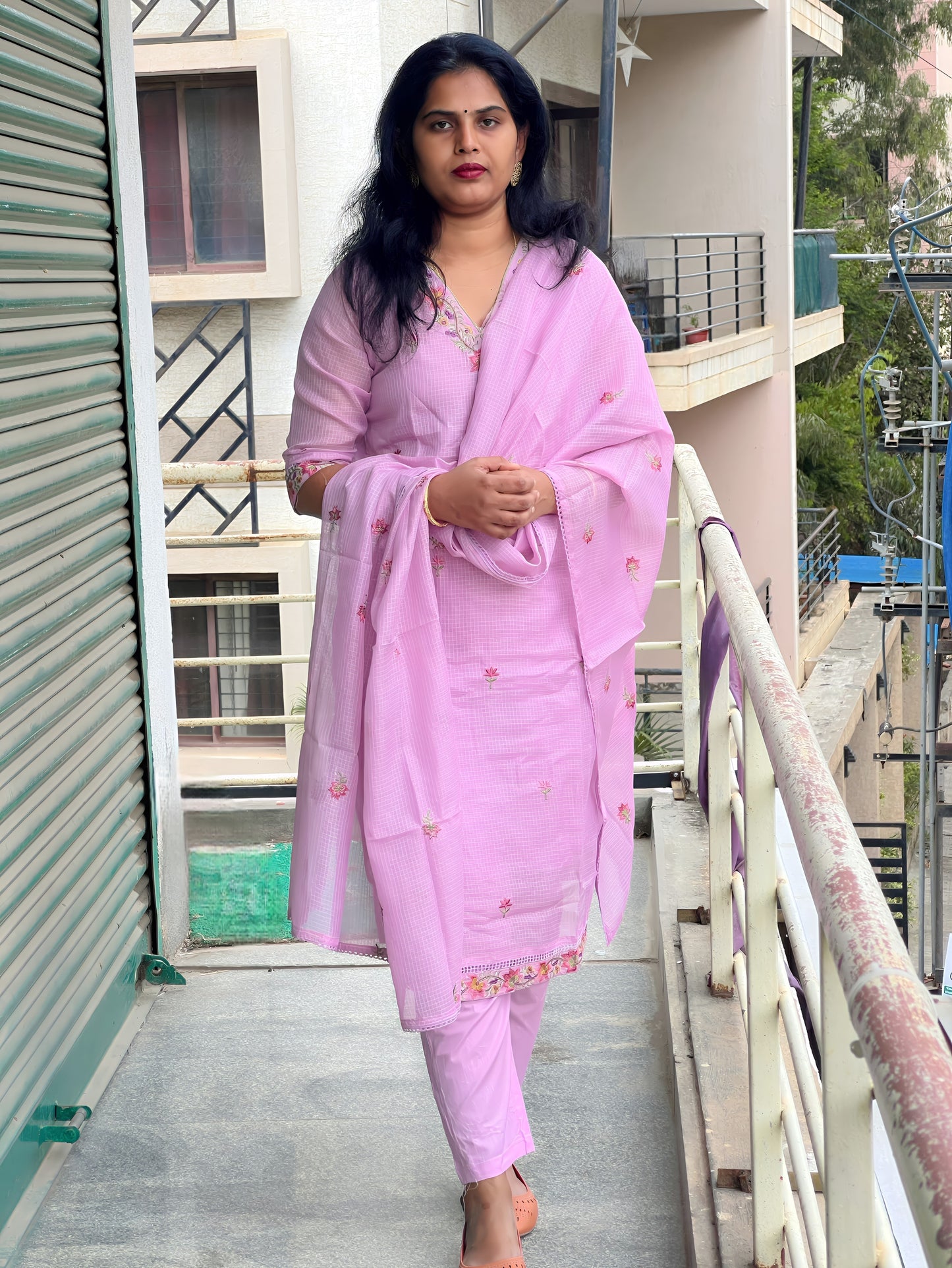 Soundarya - Kota Doria Embroidered Suit - Onion