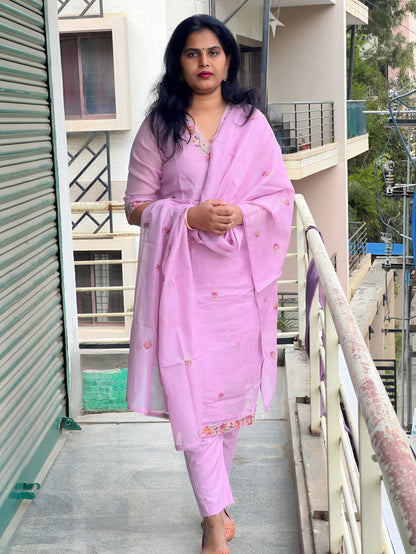 Soundarya - Kota Doria Embroidered Suit - Onion