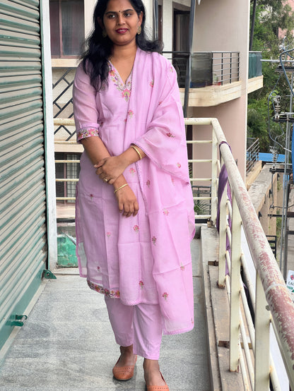 Soundarya - Kota Doria Embroidered Suit - Onion