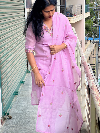 Soundarya - Kota Doria Embroidered Suit - Onion
