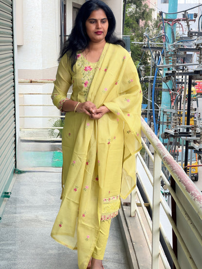 Soundarya - Kota Doria Embroidered Suit - Pastel Green