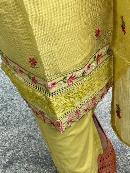 Soundarya - Kota Doria Embroidered Suit - Pastel Green