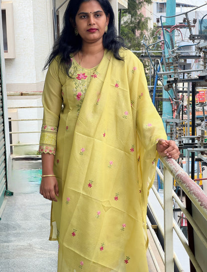 Soundarya - Kota Doria Embroidered Suit - Pastel Green