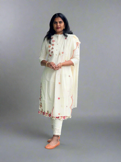 Aishwarya - Cotton Shifley embroidered set - Beige