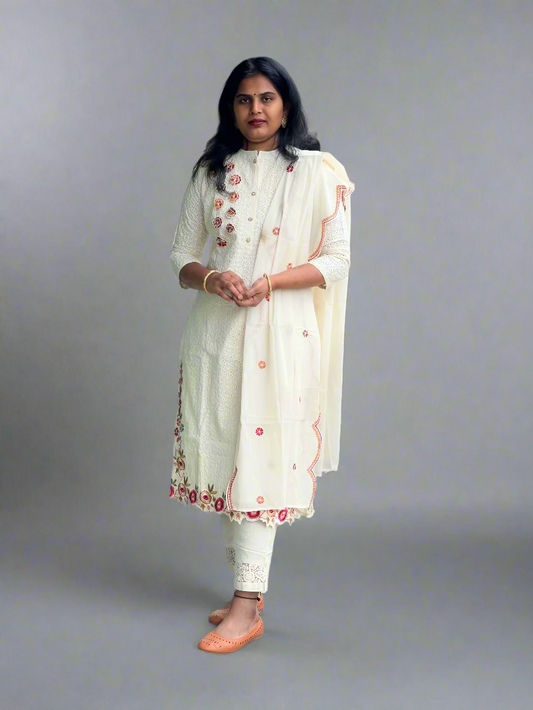 Aishwarya - Cotton Shifley embroidered set - Beige
