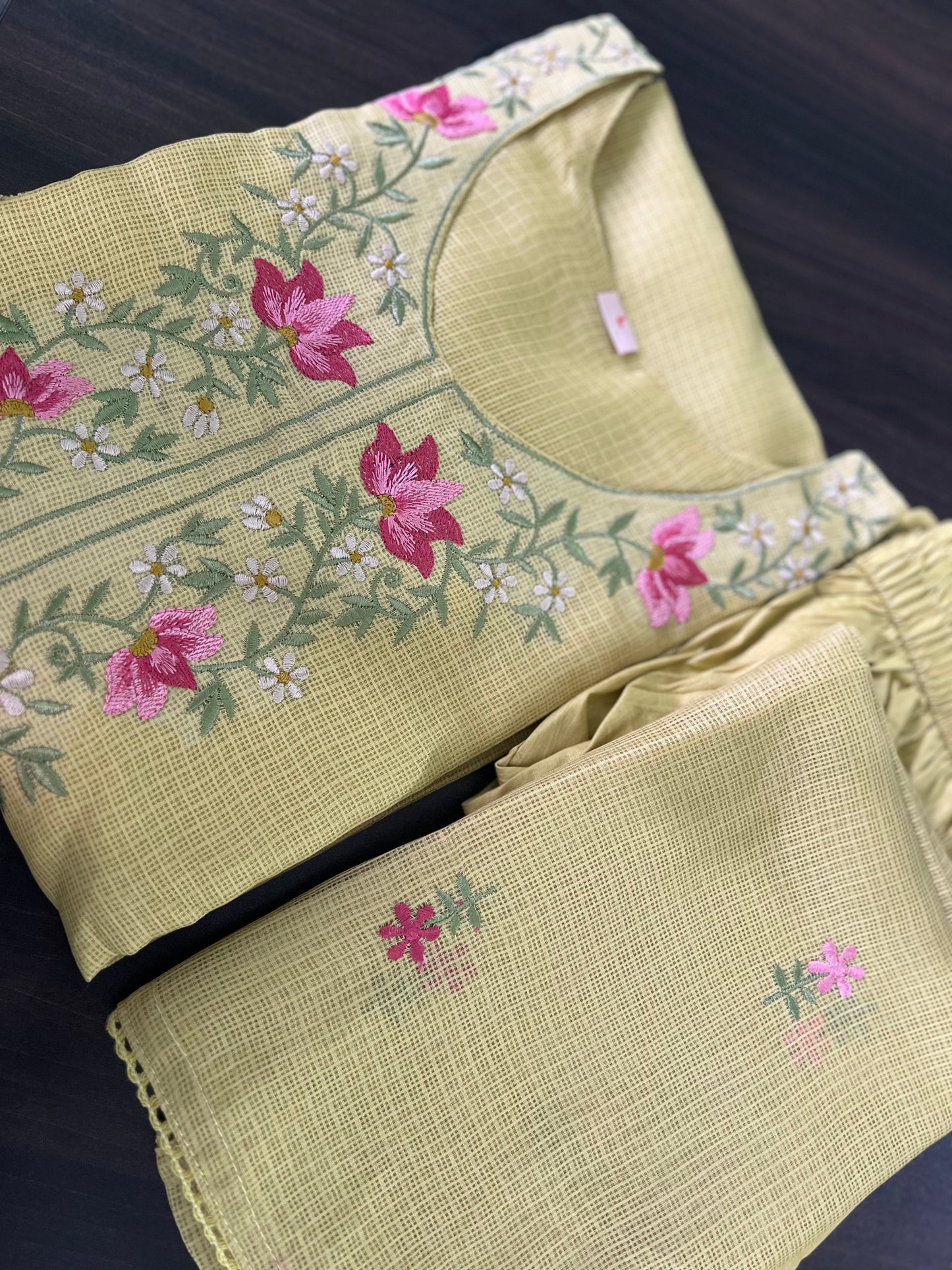 Soundarya - Kota Doria Embroidered Suit - Pastel Green