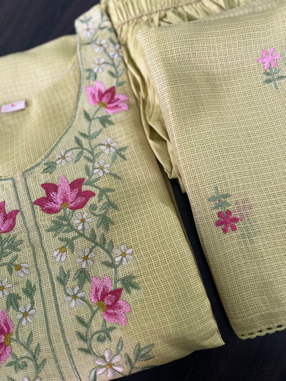 Soundarya - Kota Doria Embroidered Suit - Pastel Green