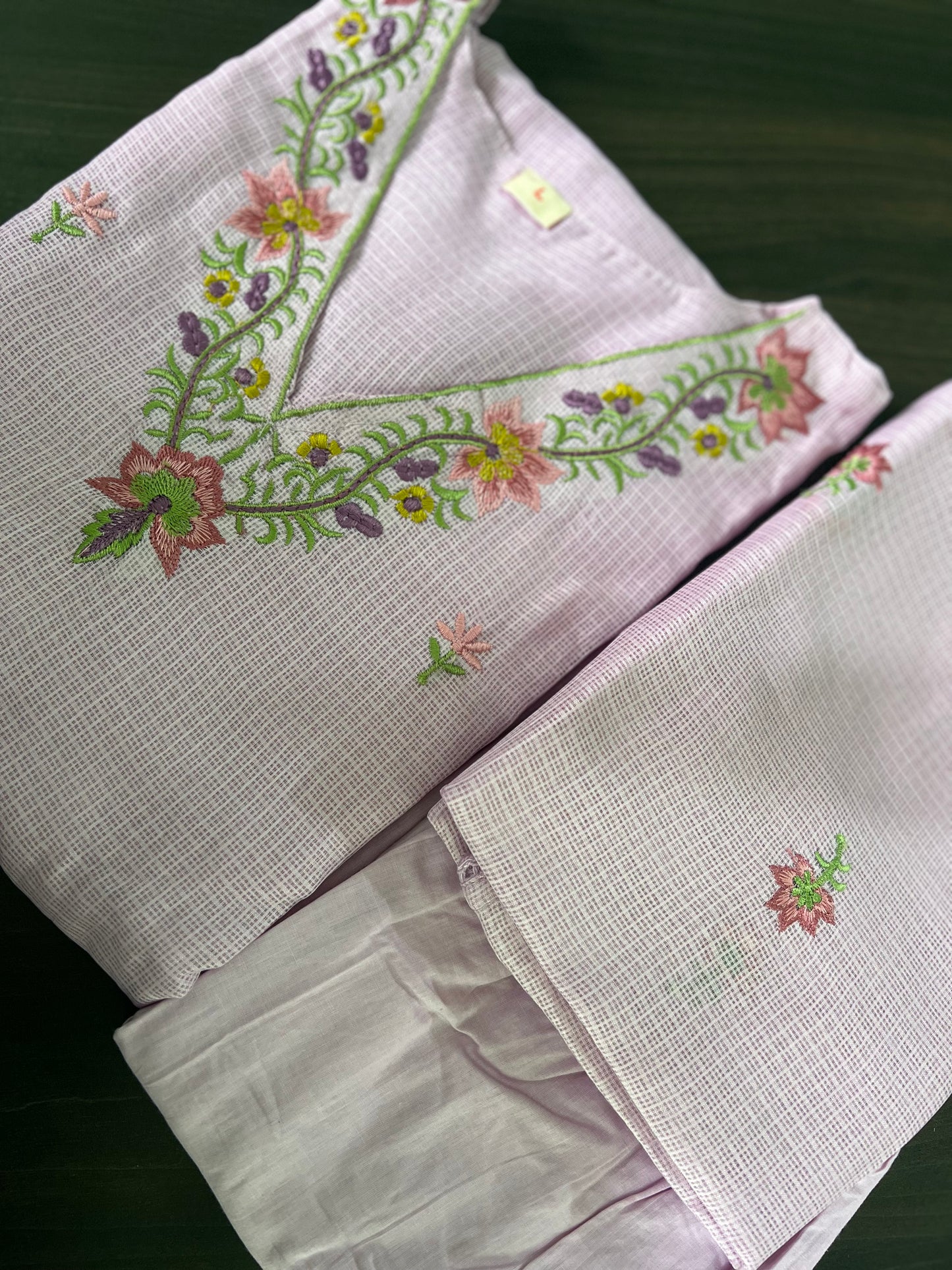 Soundarya - Kota Doria Embroidered Suit - Onion