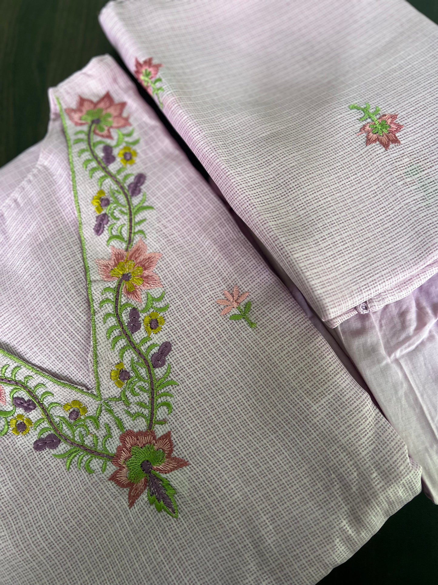 Soundarya - Kota Doria Embroidered Suit - Onion