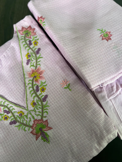 Soundarya - Kota Doria Embroidered Suit - Onion